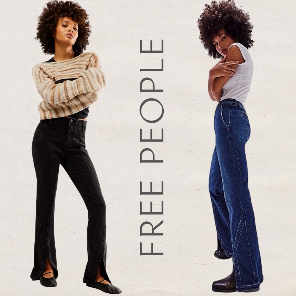 We The Free Free People CRVY Mona Flare Jeans Midnight Black Split Hem 28 (US 6)